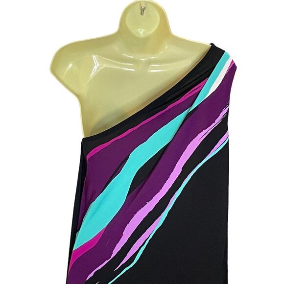 Cynthia Rowley Black Purple Turquoise One Shoulder Handkerchief Dress, size 12 - Picture 5 of 7